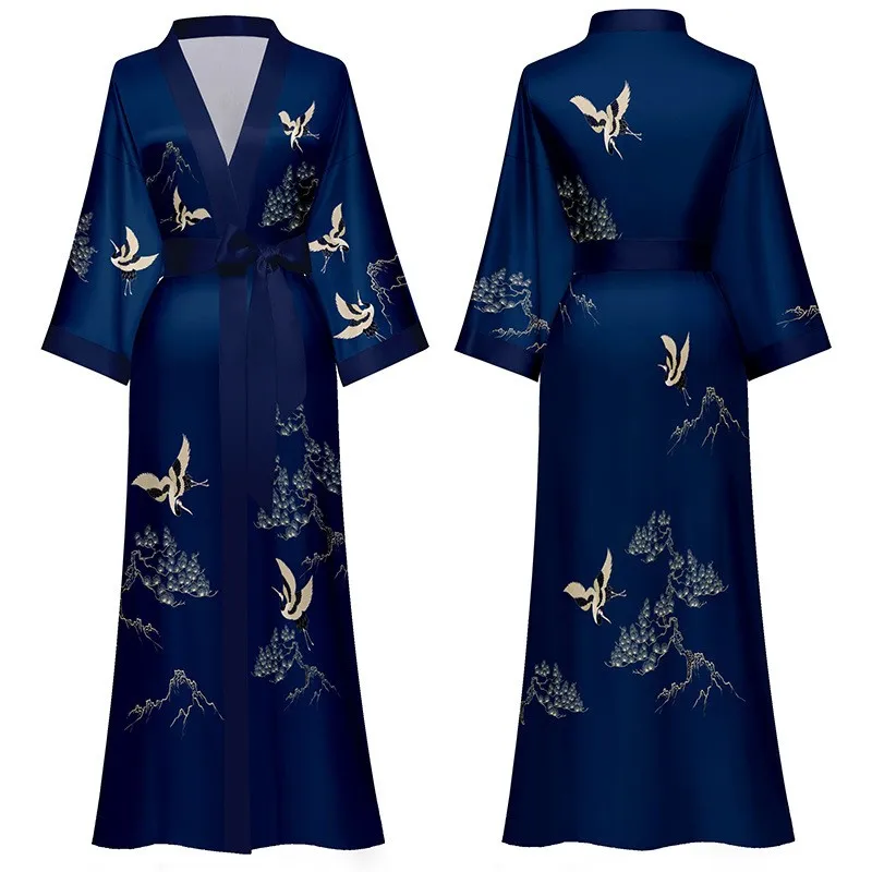 New Spring Summer Women Long Robe Kimono Bathrobe Gown Sexy Black Print Sleepwear Nightgown Casual Half Sleeve Satin Home Dress