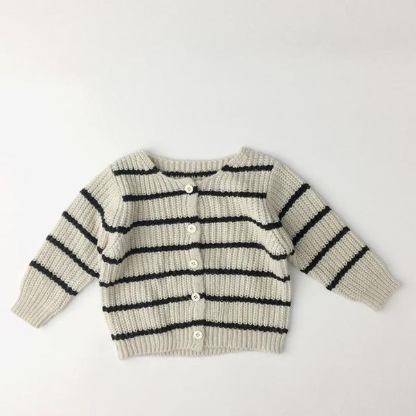 Nouveau printemps tout-petits enfants chandails tricotés garçons et filles tricot Cardigan rayé veste simple boutonnage enfants pull hauts 210413