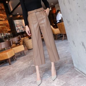 Nieuwe Lente Vrouwen PU Lederen Broek Belted Hoge Taille Kunstleer Dames Broek Winter Broek Merk Wijde Pijpen Broek 818G 201031