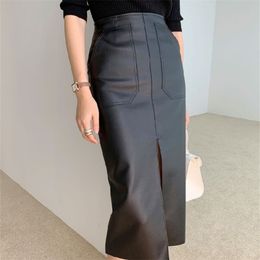 NIEUWE LEVER Women PU Leather Skirts Hoge taille zakken pakket heup rok vrouwelijke front split zipper midi potlood rokken T200324