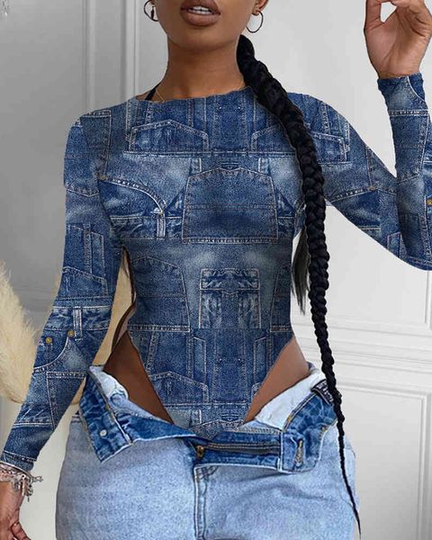 Nieuwe lente vrouwen denim print shorts bodysuit sexy vrouwelijke cropped nachtkleding ondergoed jumpsuit skinny lingerie top y2k 210415