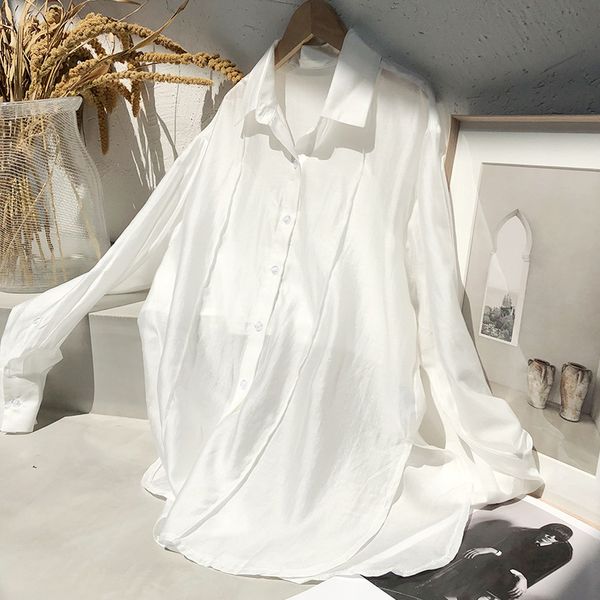 C5614 nueva camisa blanca de mujer de viscosa de manga larga exterior con blusa de protección solar Tops