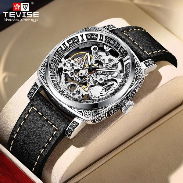 Nouveau carré hommes automatique chine-chic sculpté boîtier d'impression à la mode ceinture montre mécanique