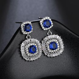 Nieuwe vierkante bungelende luxe oorbellen met groene koningsblauwe CZ steen voor bruids bruiloft sieraden accessoires Bij292p