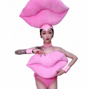 Nieuwe Toneelkostuum Vrouwen Roze Grote Lippen Bikini Set Nachtclub Pole Dance Kleding Rave Outfit Jazz Prestaties Vrouwelijke Draagt 49YX #