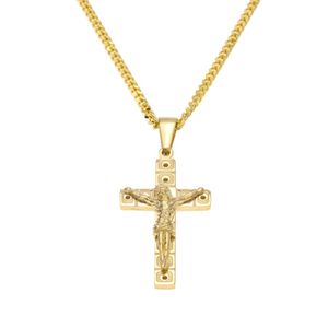 Nieuw roestvrijstalen vergulde blingrassistone Jesus kruis hangere kettingen 24 Cubaanse ketting mode punk sieraden 217y