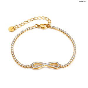 Nieuwe roestvrijstalen sieraden Volledige diamant tennisketen Zirkon Infinite Symbool Brawarmband voor vrouwen Goudarmband