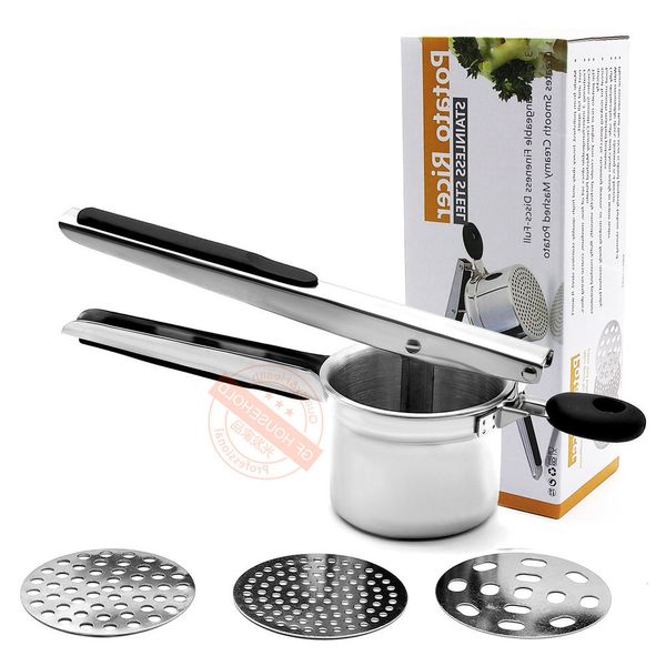 Nouveau presse-pommes de terre en acier inoxydable Rammer Set avec 3 disques Fruits Légumes Masher Juicer Squeezer Presse Alimentaire Machine Cuisine Outils 210318