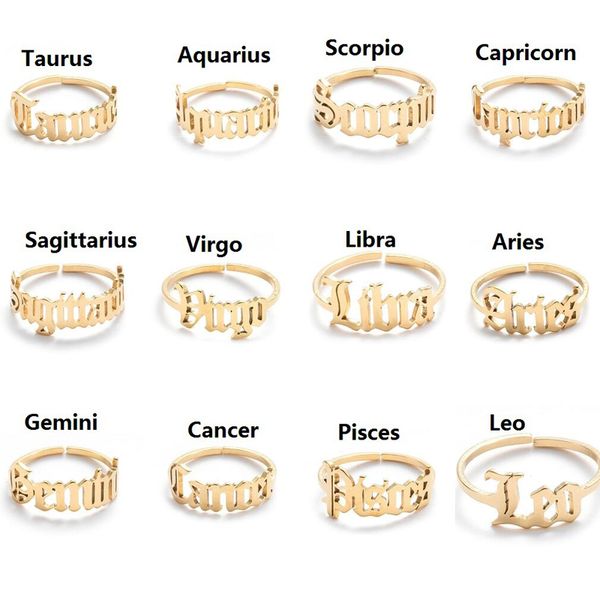 Nuevos anillos del zodiaco de acero inoxidable para mujeres y hombres, diseño de estilo antiguo, anillos con letras Leo Aries, joyería minimalista de 12 constelaciones