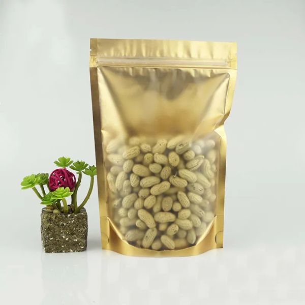 Nouveaux sacs d'emballage à fermeture éclair en aluminium doré mat, pochette de rangement de café réutilisable, sac d'emballage d'arachide en feuille de Mylar joint à glissière 600 pcs/lot