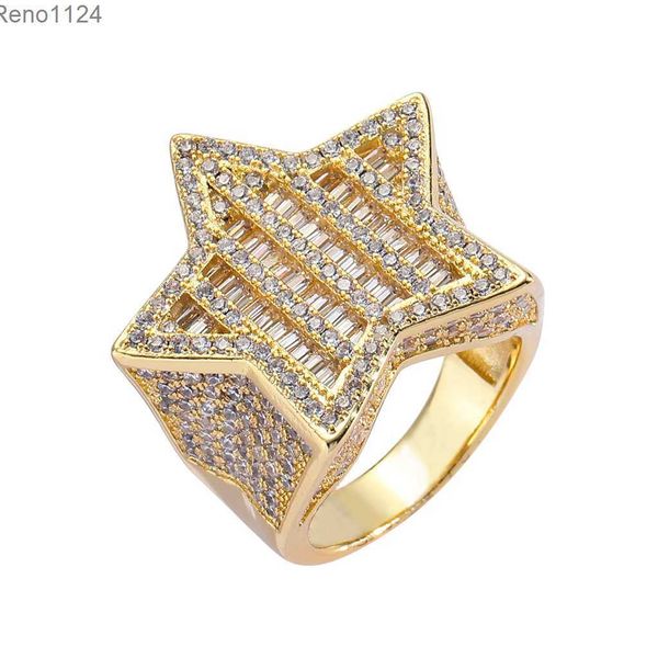 Nuevo anillo estrella cz baguette dorado corta chapado diamante pentagrama en forma de pentagrama hip hop joyas para hombre bling