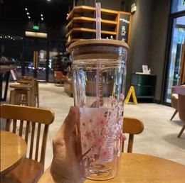 Nueva taza para bebidas Starbucks Pink Cherry Blossom, vidrio esmerilado transparente de gran capacidad con taza para sorber, taza de café