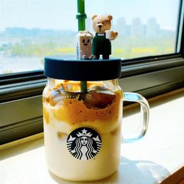 Nieuwe Starbucks Green Apron Bear Glass Straw koffiekope 600 ml Mason transparante koudwaterbeker voor buitensport begeleidende cup231j
