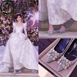 Nuevos zapatos de tacón alto de aguja para mujer, zapatos de boda, hebilla cuadrada plateada, diamantes de imitación, cristal puntiagudo para banquete, novia 220520