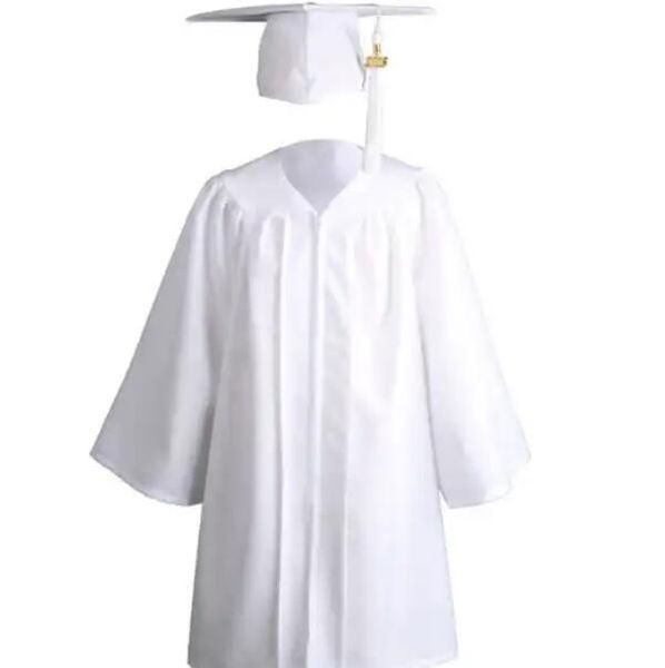 Robe de remise de diplôme blanche mate pour enfants, uniformes pour la maternelle, avec capuchon et pompon, breloque de l'année, nouveau style