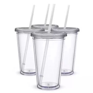 NOUVEAU Stock 16 oz gobelets en plastique Double paroi acrylique clair boire jus tasse avec couvercle et paille tasse à café bricolage tasses transparentes