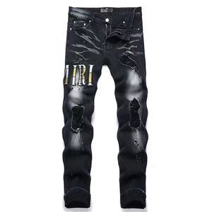 Nieuwe straat geperforeerde herenjeans geborduurd cross-mode hiphop strakke halfhoge trendy casual herenjeans