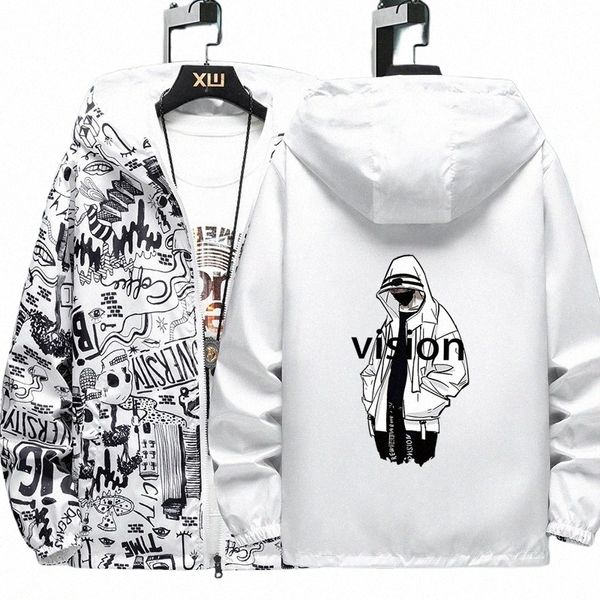 Nouveau Strewear Graffiti Imprimé Fi Réversible Dieu Mâle Veste Hommes Minces Vestes À Capuchon Coupe-Vent Vêtements Plus La Taille 09sN #