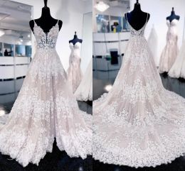 Nouvelle superbe robe de mariée de sirène en dentelle Nouveau Spaghtti Spaghtti une ligne robes nuptiales ouvertes Robes de mariage Plus taille sur mesure BC15295