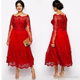 Nieuwe prachtige rode plus size avondjurken mouwen mouwen vierkante halslijn kanten toegewezen A-lijn prom-jurken tule thee-lengte formele jurk 2916