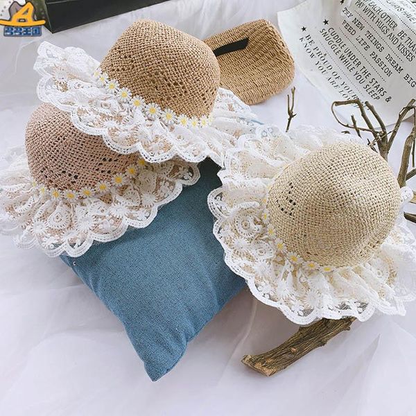 Nuevo estilo 2020, sombreros de flores de verano para niñas, gorro de encaje para bebés, dulce princesa, sombreros para niños, sombrero de cubo para niñas, sombrero de paja para niños, sombrero de playa al por menor