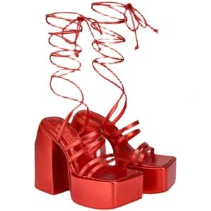 Nieuwe stijl 2024 Lady suede dames lederen chunky hoge hak sandalen solide cross-bot platform peep-teen wedi feestschoenen enkelband maat 3 40c