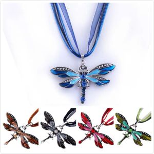 Nouveau style 6 couleurs Vintage émail libellule cristal pendentif colliers organza chaîne collier colliers mode bijoux DHl bateau libre