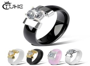 Nouveau style 6 mm anneaux en céramique Bague blanche noire avec zircone cubique pour femmes Gold Metal lisse anneau de mariage en fiançailles