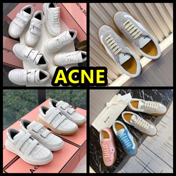 Nuevo estilo diseñador de acné Velcro Smiling Smiling Women's Travel White Blancan Blue Blue zapatos de fondo plano SULLO Aumento de cuero zapatos casuales de cuero Gai