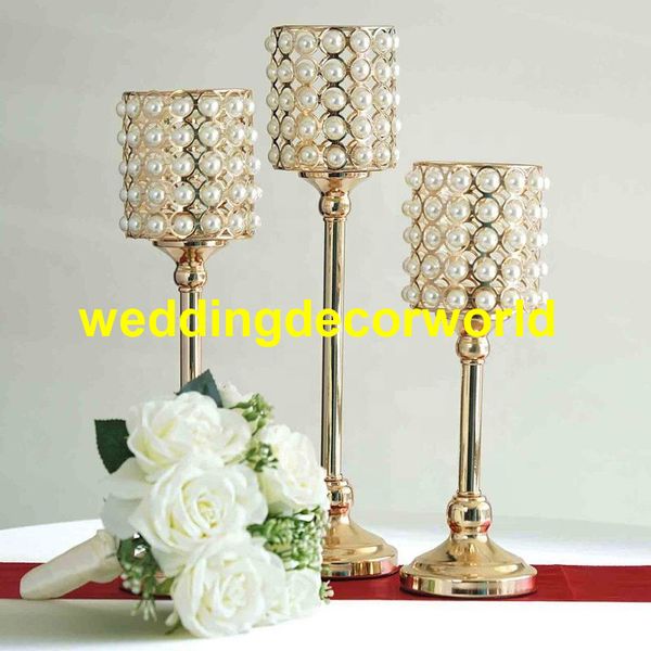 Nuevo estilo, candelabro votivo metálico con cuentas de perlas de cristal acrílico, candelabro de mesa de boda, centros de mesa decor409