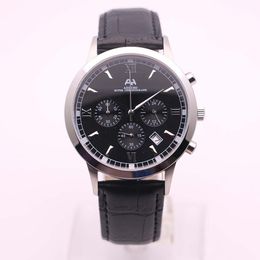 Nouveau style AEHIBO chronographe Quartz montre pour hommes 43MM cadran noir bracelet en cuir boucle ardillon tous les sous-cadrans travail montres pour hommes