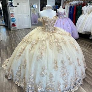 Nouveau style aso ebi perle 3d fleurs appliques chérie quinceanera robes uniquite train au large de la robe de bal épaule