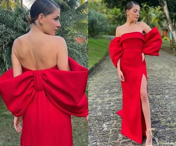 Robe de soirée en Satin rouge, nouveau Style, épaules dénudées, grand nœud, longue fente latérale, robes de bal formelles pour femmes, 2024