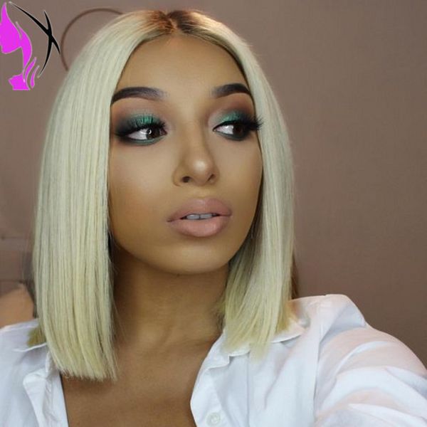 Nouveau style racines brunes ombre blonde droite courte perruque synthétique bob pour femme noire 14 pouces partie centrale brésilienne pleine perruque avant de lacet