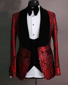 Nieuwe stijl Bourgondië Paisley Bruidegom Tuxedos Sjaal Revers Mannen Business Suits Prom Party Blazer Coat (Jacket + Pants + Vest + Tie) No: 2160