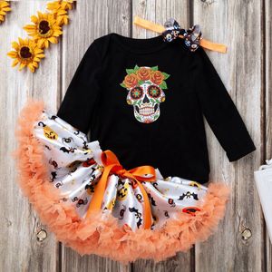 Novo estilo crianças roupas de Halloween crânio manga longa top e saia tutu com faixa de cabelo vestido de festa atacado