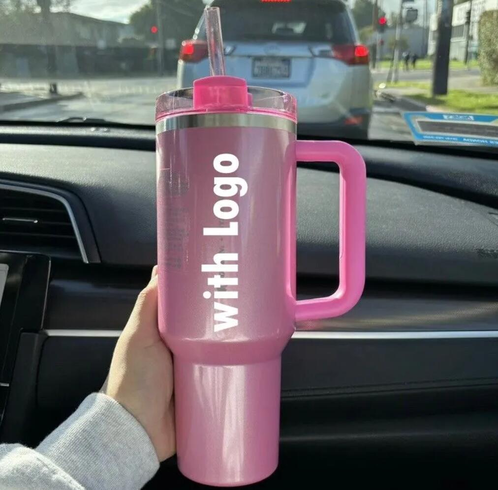 US STOCK Pink Parade Cosmo Pink Co Branded With H2.0 40oz Stainless Steel Tumblers Cups with Silicone handle Lid And Straw Travel Car mugs Water Bottles GG0111