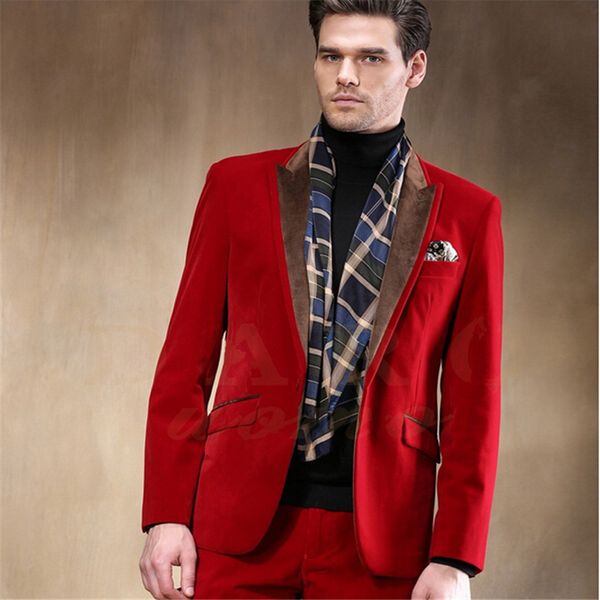 Nouveau Style sur mesure hommes costume rouge 2 pièces mariage velours marié Tuxedos Groomsman meilleur homme costumes (veste + pantalon)