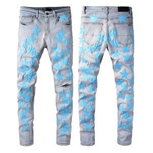 Nieuwe stijl Designer Mens Jeans Blueleather Fashion Slim-Leg Jeans Five Star Biker Pants Distressed Water Diamond Stripes Denim broek Top Kwaliteit Maat 28-40