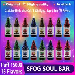 Originele SFOG Puff 15000 Vapes Wegwerp Puff Soul Bar 15000 Puffs Vaper 15K Puff E Sigaret 22 ml voorgevuld 15 smaken Vape Device 6 RGB Lichten Damp Pen