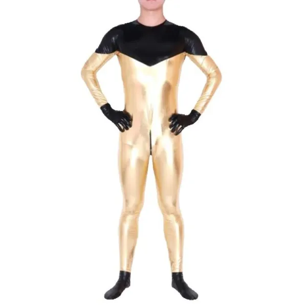 Nouveau style Mode Fun Catsuit Costumes GoldBlack couleur unisexe Sexy brillant métallique Zentai combinaison pour les costumes de performance sur scène club de fête