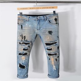 Nuevo estilo de moda para hombre recto Slim Fit Biker Jeans pantalones desgastados flacos rasgados destruidos pantalones vaqueros de mezclilla lavados Hiphop pantalones 2215Y