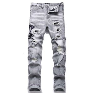 Jeans pour hommes, nouveau Style à la mode, Patch perforé gris brodé Cobra, pieds élastiques, 3624