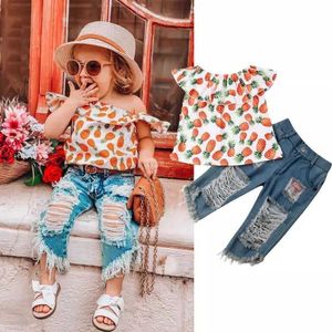 Nieuwe stijl meisje kleren set zomer ananas shirt en gat jeans broek pc's kledingpak voor babykinderen schattige sets