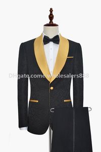 Nieuwe stijl groomsmen zwart patroon bruidegom smoking sjaal gouden revers mannen pakken side vent bruiloft / prom beste man (jas + broek + stropdas) K975