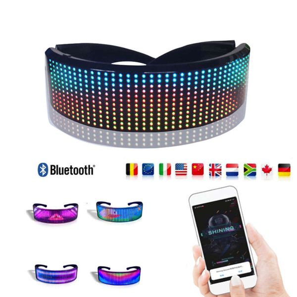 Nuevo estilo Halloween LED DJ Bluetooth DIY Luminoso Rave Gafas Cambiar dinámicamente Vidrio Luz de neón Fiesta de disfraces Gafas de sol Marca famosa