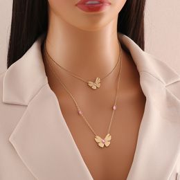 New Style Bijoux Pink Diamond Butterfly Collier Fashion double couche