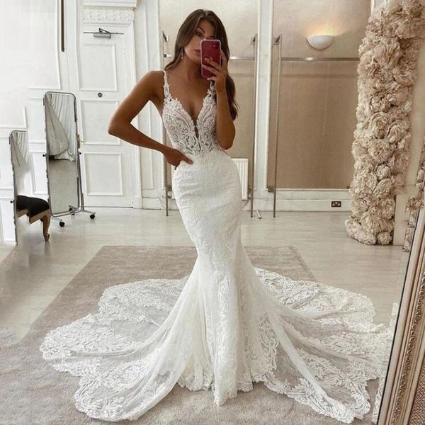 Nuevo estilo de encaje sirena vestidos de novia correa de espagueti suave tul sin espalda vestidos de novia sin mangas Vintage país vestido de boda