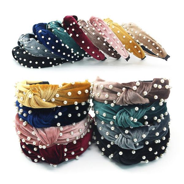 Nouveau style dames noué perle bandeau or velours noué bandeau mode tempérament dame bandeau perle large bord épingle à cheveux