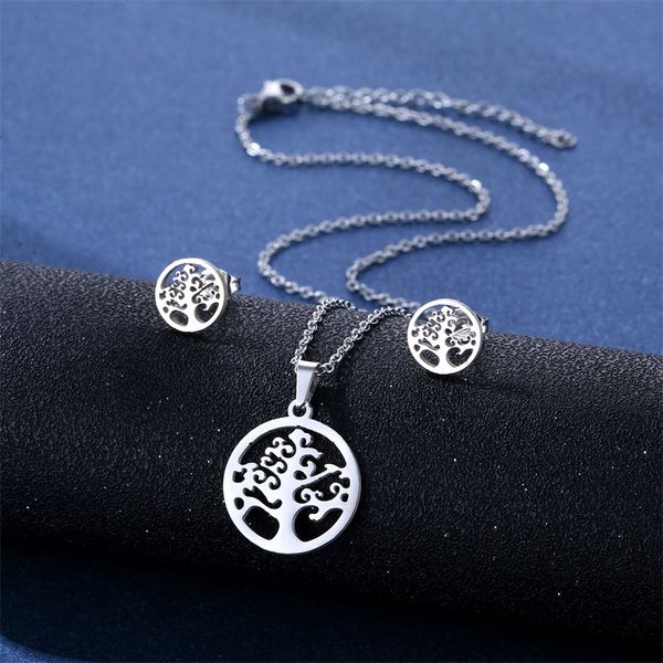 Nouveau Style Vie Arbre Pendentif Collier Boucles D'oreilles Ensemble Simple En Acier Inoxydable De Mode Bijoux vacances Mémorial Cadeau pour les Femmes